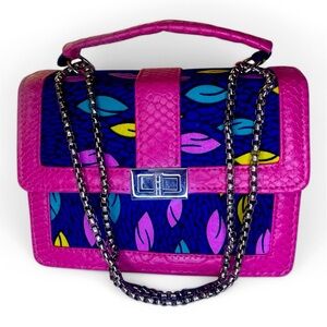 Pink & Blue African Print Handbag – Chic Structured Chain Purse